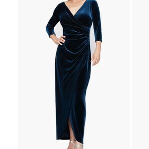 Alex Evenings Deep Blue Velvet 3/4 Long Sleeve Dress